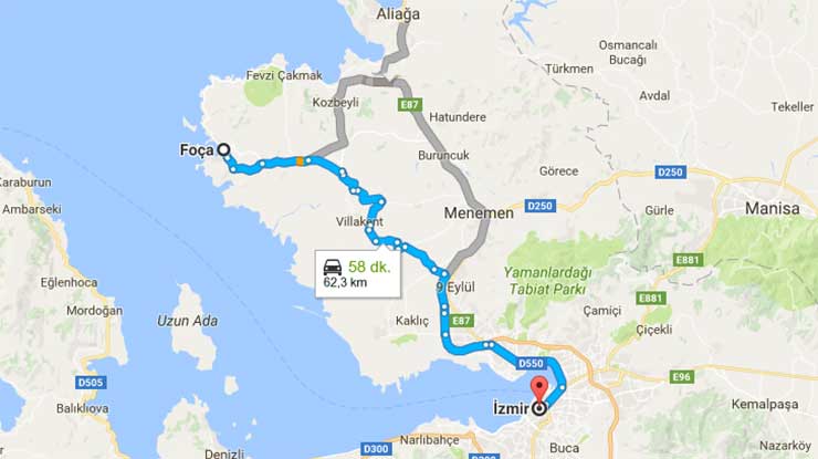 foca izmir arasi kac km izmir kac km